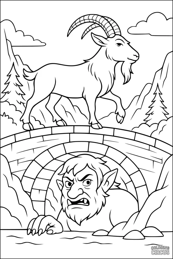 Coloring page of a goat crossing a stone bridge with a troll underneath in a mountain landscape