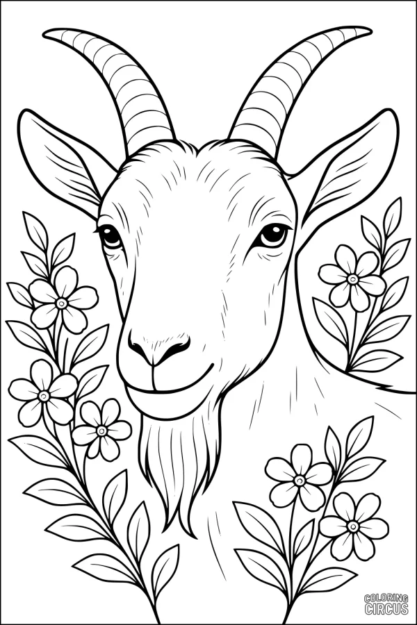 Coloring page of a goat with curved horns surrounded by flowers and leaves.