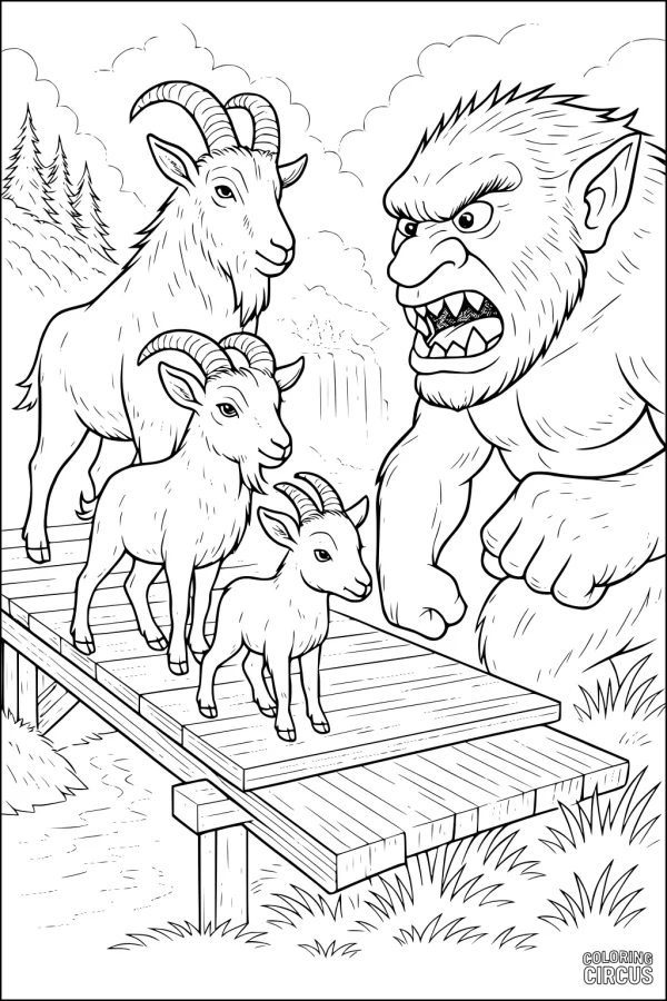 Coloring page of three goats crossing a wooden bridge confronted by a troll in a forest landscape.