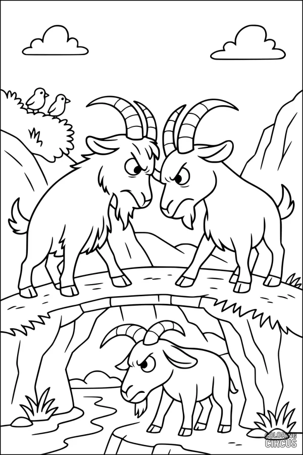Coloring page showing three goats on and under a rocky bridge with birds and mountains