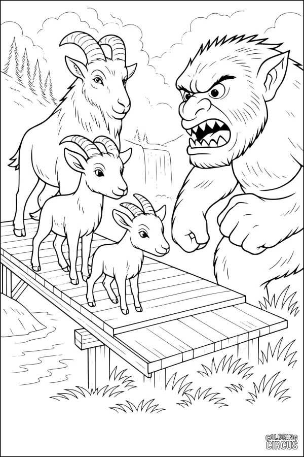 Coloring page featuring three goats meeting a troll on a bridge in nature