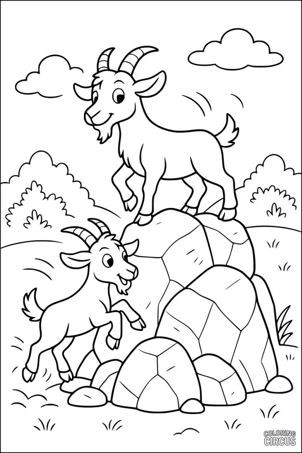 Coloring page showing two happy goats climbing rocks on a grassy hillside with bushes and clouds in the background.
