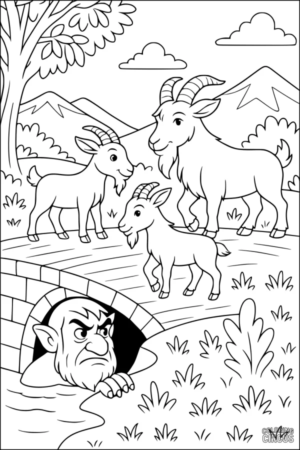 Coloring page of three goats crossing a stone bridge with a troll underneath in a countryside landscape