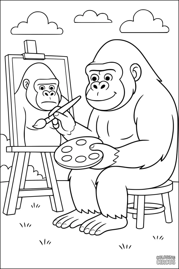 Coloring page featuring a smiling gorilla painting a self-portrait on an easel outside under the clouds