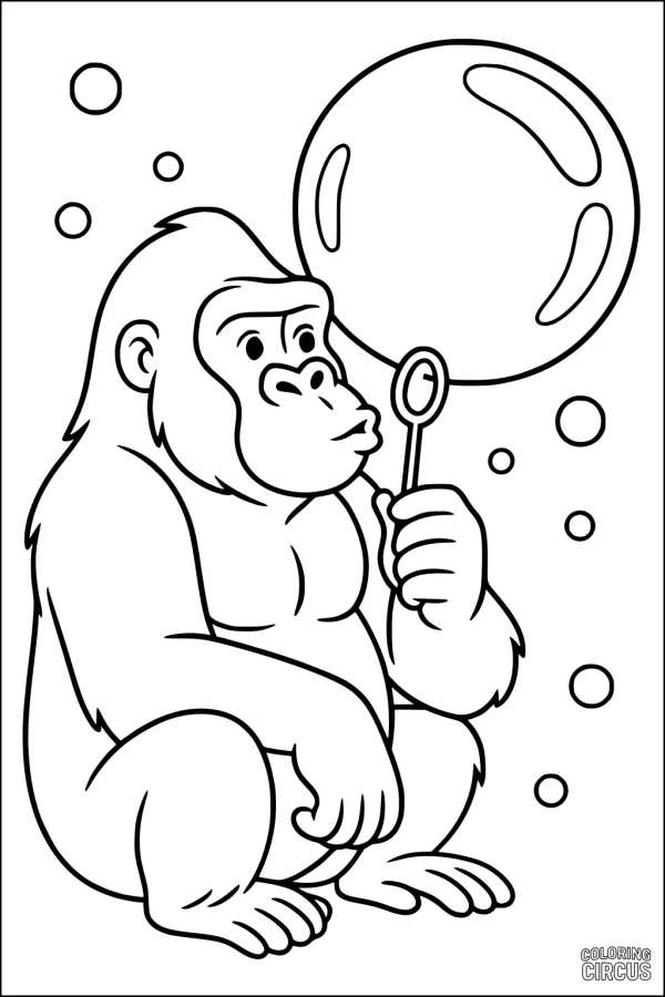 Coloring page of a friendly gorilla blowing a large bubble, surrounded by floating bubbles