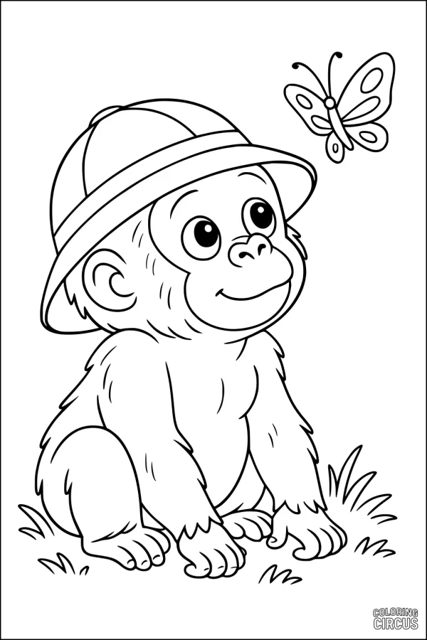 Coloring page featuring a cartoon baby gorilla in a hat watching a butterfly