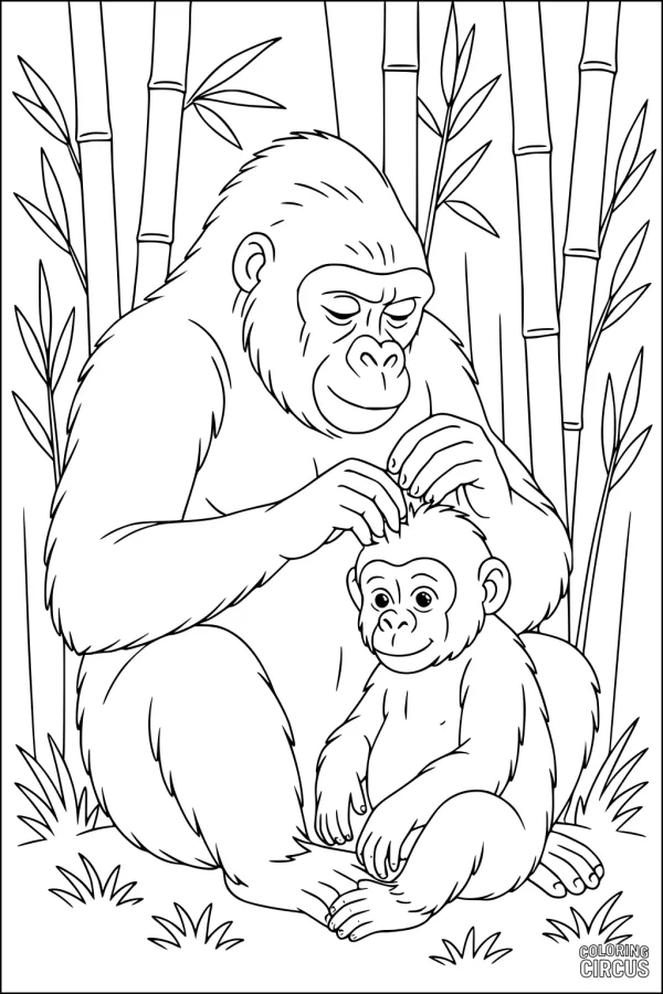 Coloring page shows a mother gorilla grooming her baby with bamboo stalks in the background