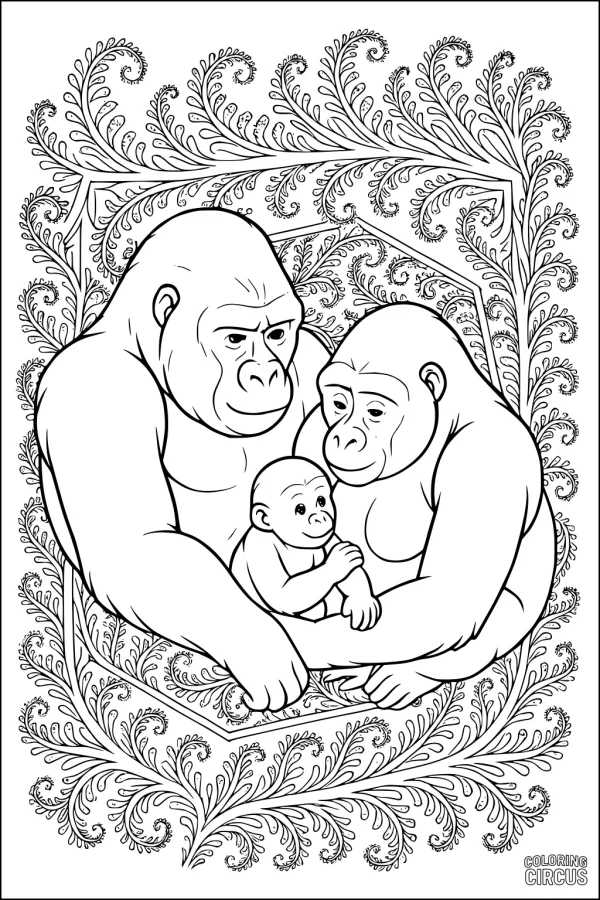 Coloring page showing a gorilla family with baby surrounded by detailed leafy patterns