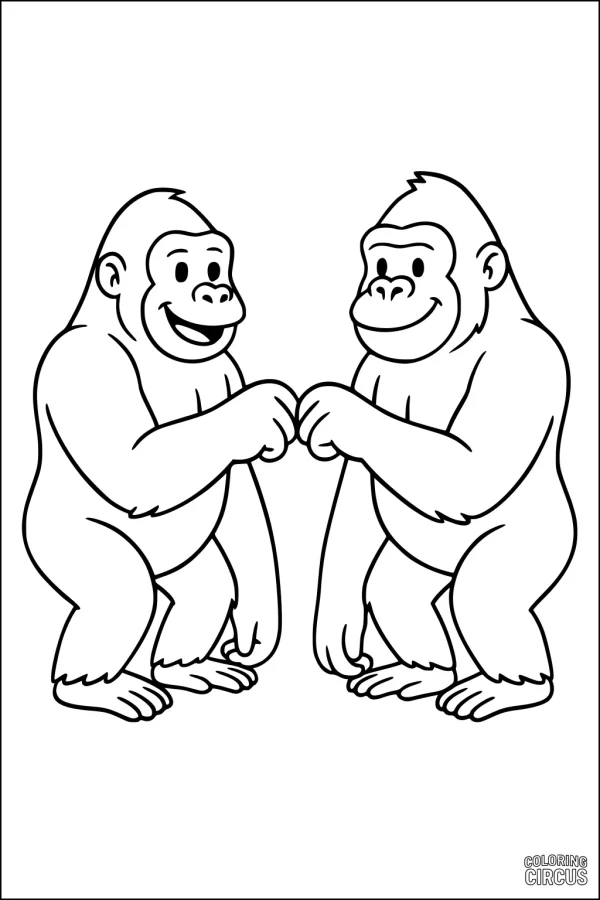 Coloring page showing two cartoon gorillas fist bumping and smiling