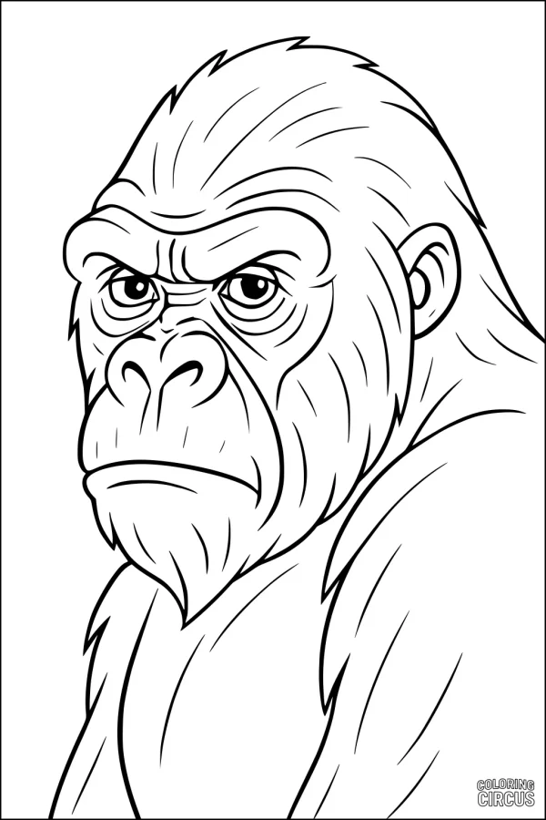 Coloring page of a thoughtful gorilla with gentle expression, suitable for children