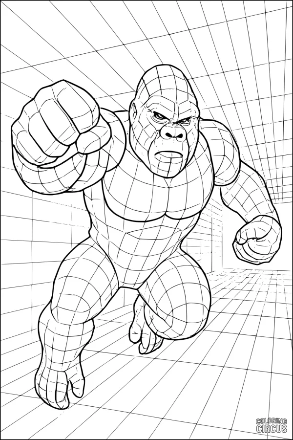 Coloring page of a dynamic gorilla leaping through a 3D grid background, perfect for ape category