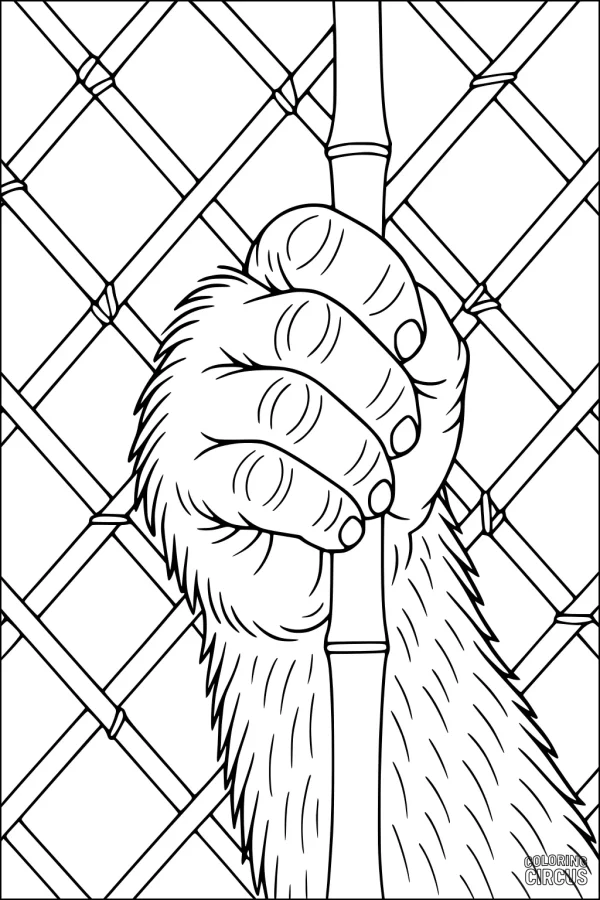 Coloring page showing a detailed gorilla hand gripping a fence close-up