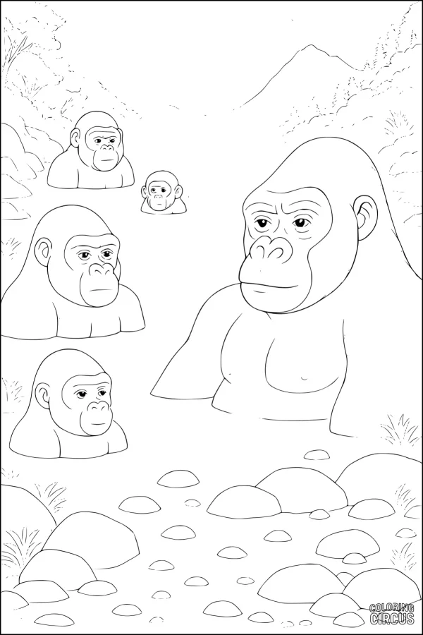 Coloring page showing gorilla family relaxing in a warm jungle spring with mountains, rocks, and trees in the background