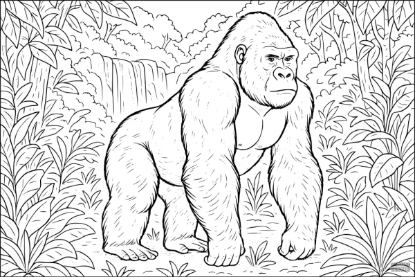 Coloring page showing a detailed gorilla standing in a tropical jungle with plants and waterfall in the background