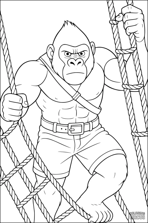 Coloring page of a strong cartoon gorilla climbing ropes in jungle attire