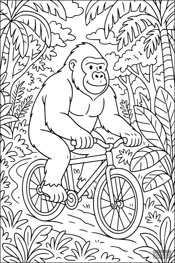 Coloring page featuring a gorilla riding a bicycle through a dense jungle with trees and foliage