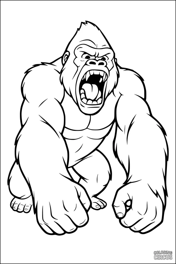 Coloring page featuring a roaring gorilla in a powerful pose, perfect for children interested in apes.