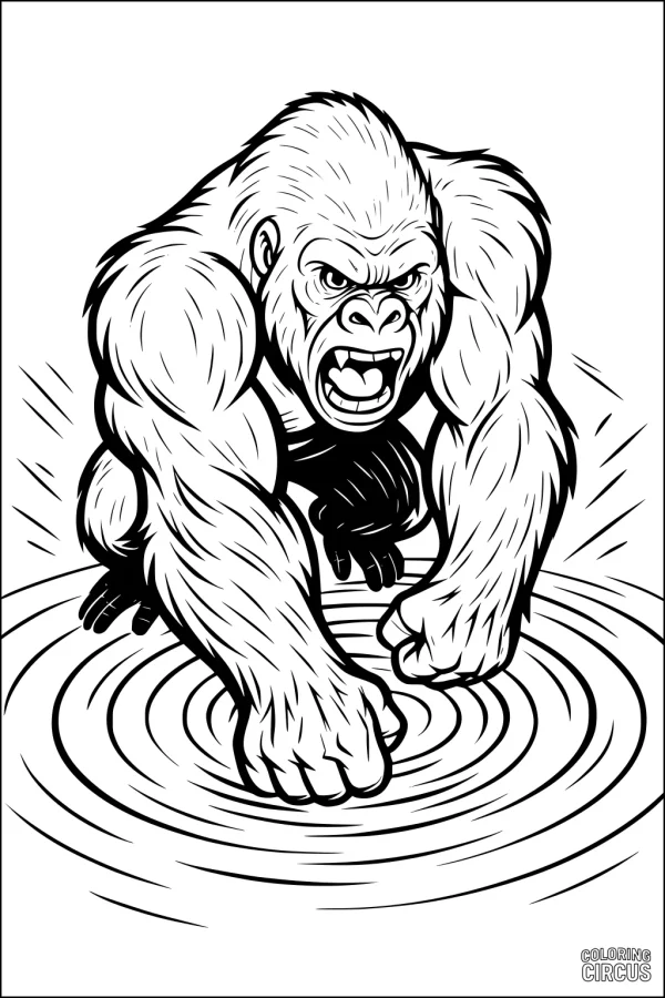 Coloring page featuring a strong gorilla pounding the water in a jungle scene