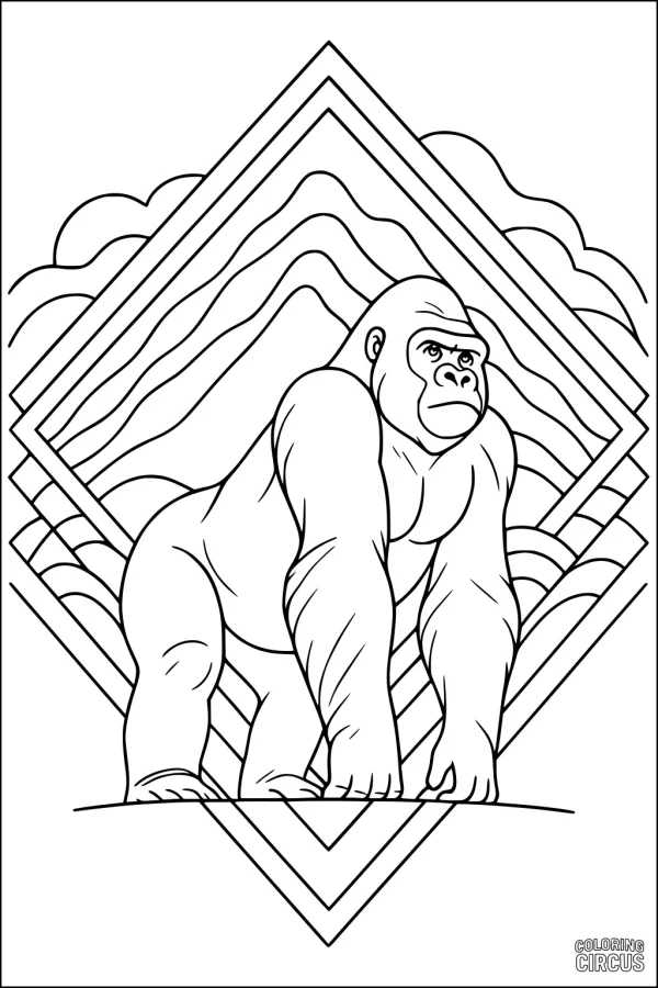Coloring page featuring a strong gorilla standing in front of geometric mountain and cloud shapes