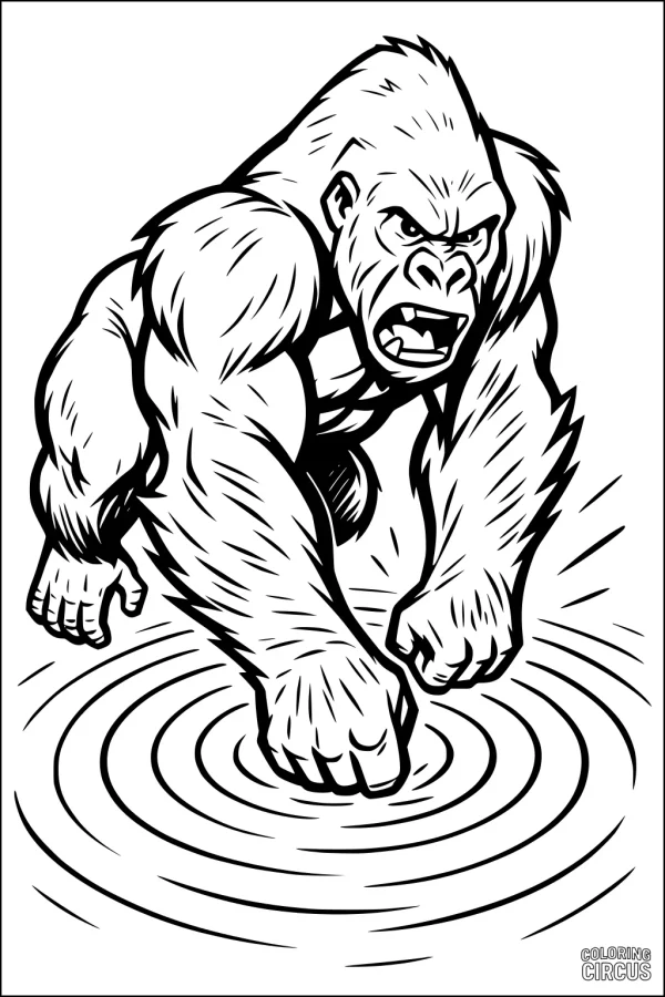 Coloring page of a strong gorilla stomping through water in a jungle scene