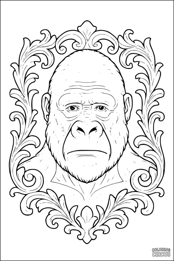Coloring page featuring a detailed gorilla portrait surrounded by ornate jungle-inspired frame