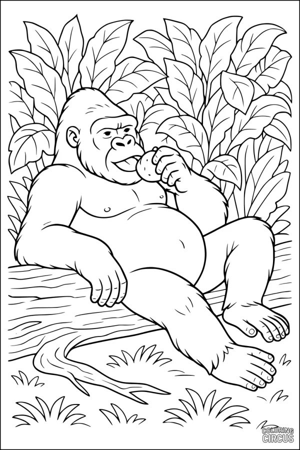 Coloring page gorilla eating fruit sitting on jungle log surrounded by large leaves