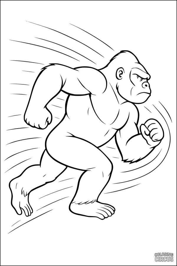 Coloring page gorilla running powerfully with jungle motion lines