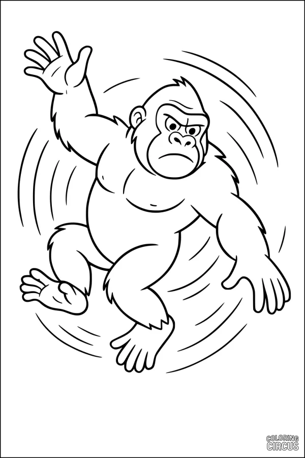 Coloring page of a cartoon gorilla spinning in the jungle with animated motion lines