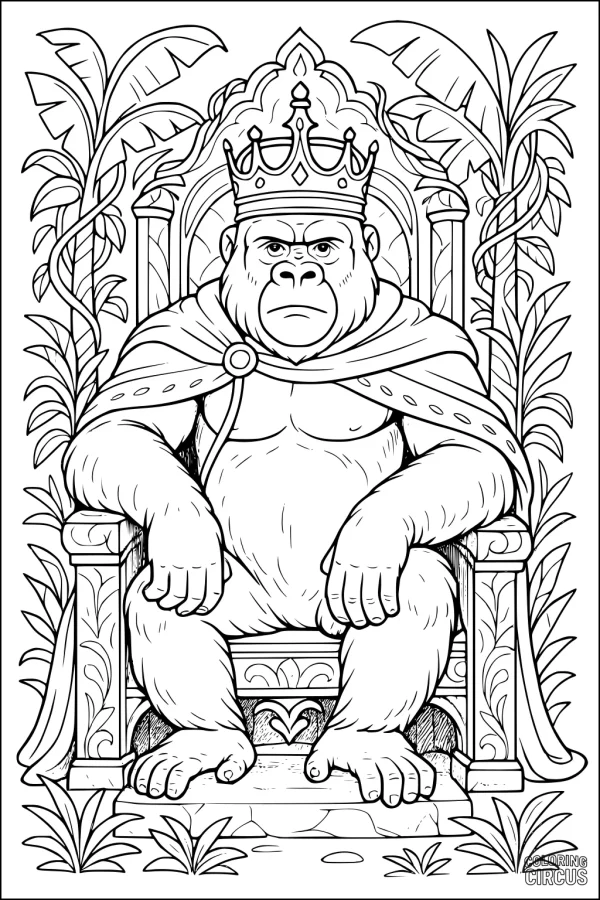 Coloring page of a gorilla king wearing a crown and cape, seated on an ornate throne, surrounded by jungle plants