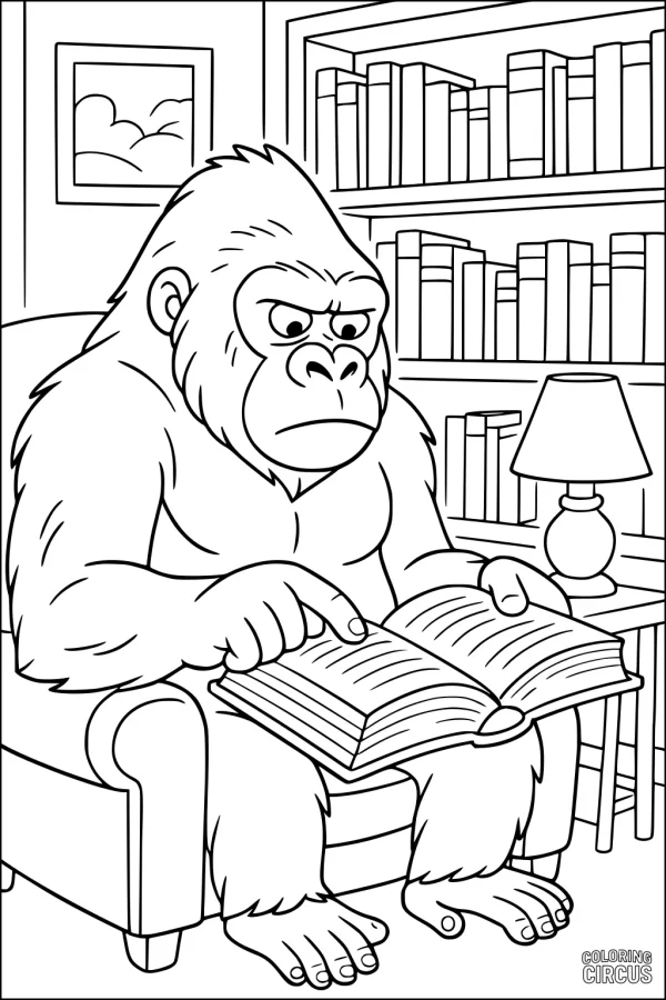 Coloring page showing a gorilla reading a book in a library