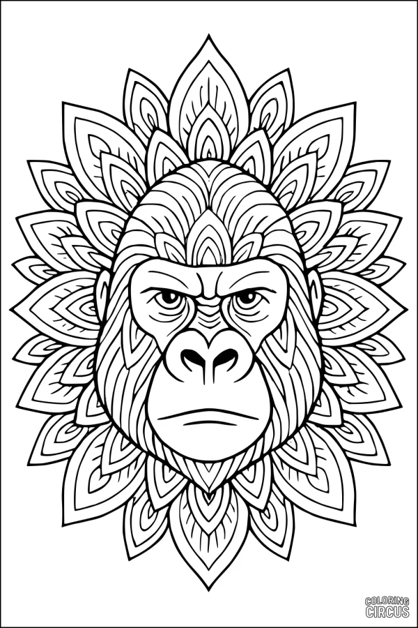 Coloring page of a gorilla head with detailed mandala-style leaf patterns around it