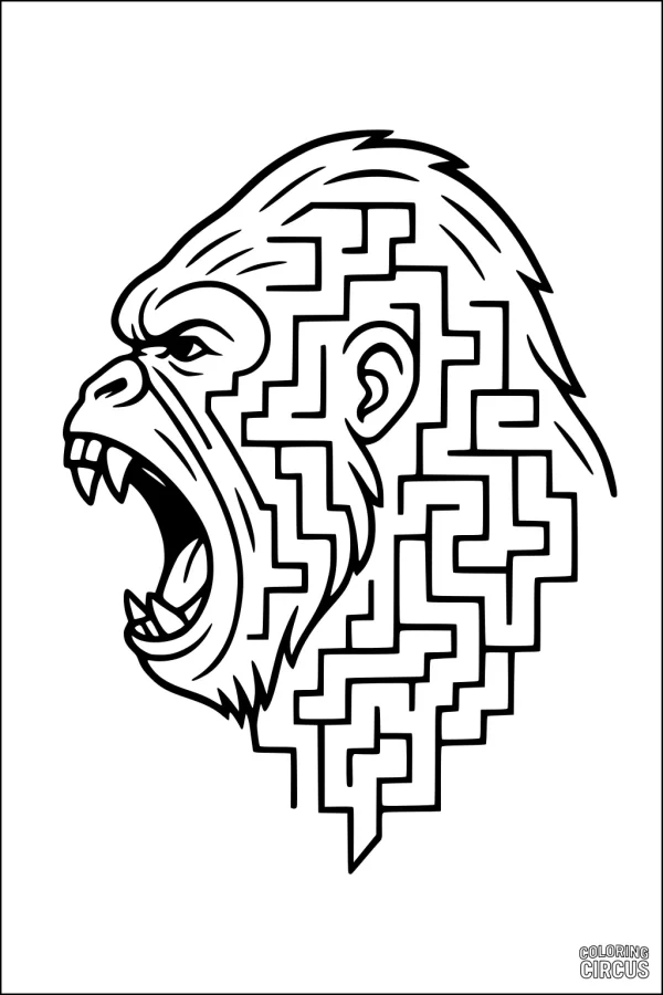 Coloring page featuring a stylized gorilla head with a maze pattern, designed for artistic coloring and creativity.