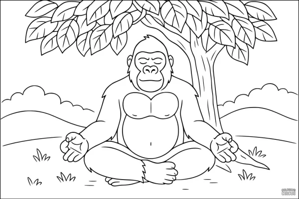 Coloring page showing a friendly gorilla meditating under a tree in a calm jungle landscape