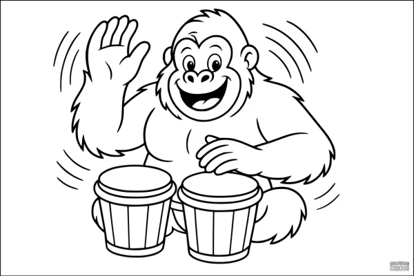 Coloring page of a happy gorilla playing two bongo drums with one hand raised