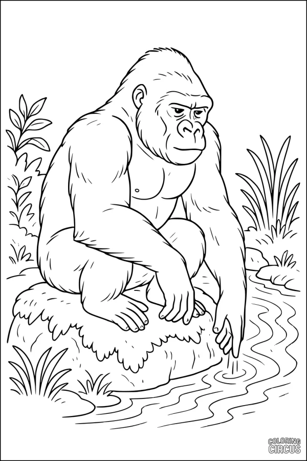 Coloring page of a gorilla sitting beside a stream in a rainforest, surrounded by lush plants.