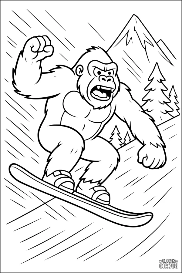 Coloring page gorilla snowboarding down a snowy mountain with trees and peaks