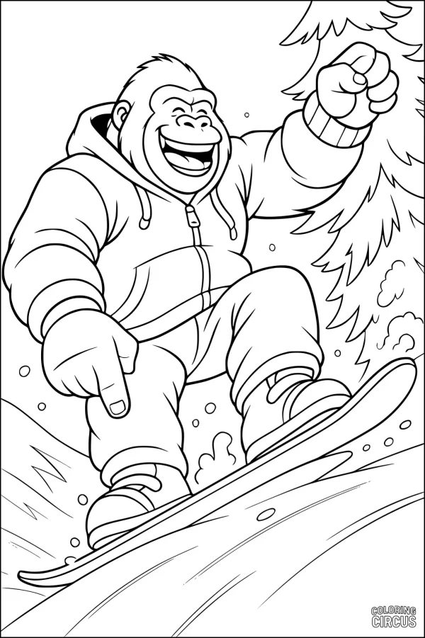 Coloring page featuring a cartoon gorilla snowboarding in winter clothes with pine trees and snow