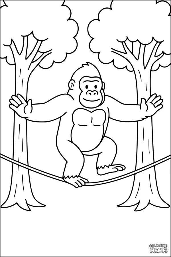 Coloring page showing a cheerful gorilla balancing on a vine between two cartoon trees