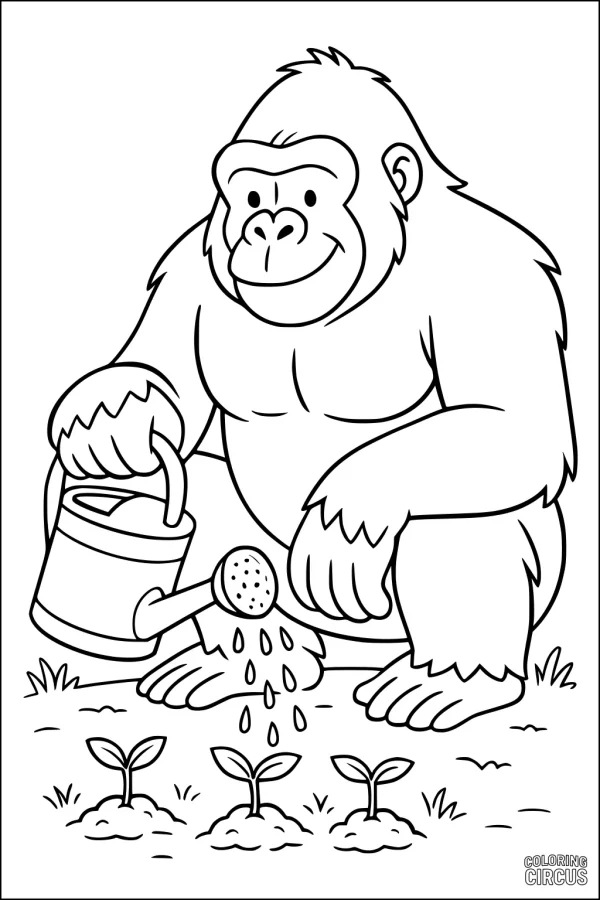 Coloring page of a cheerful cartoon gorilla watering three young plants in a garden