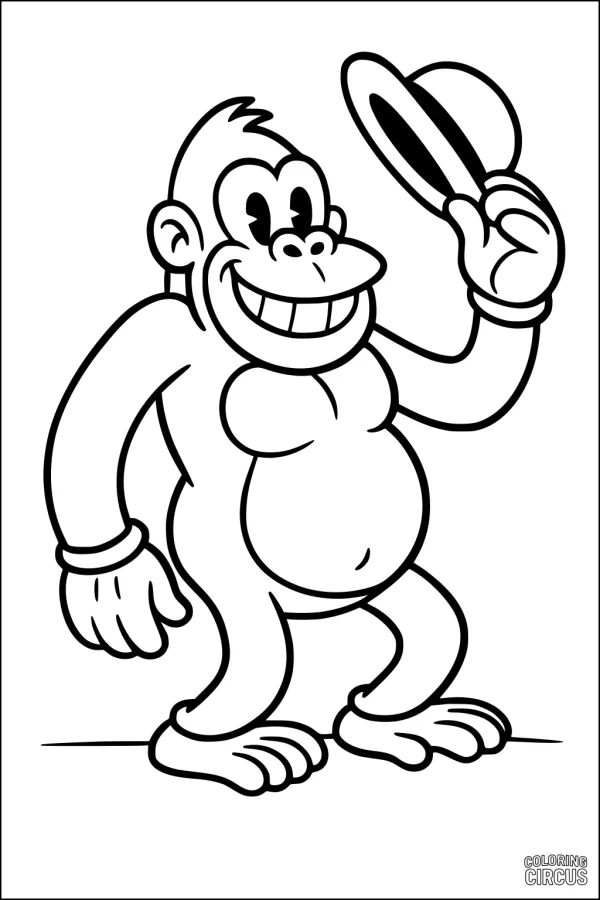 Coloring page featuring a smiling cartoon gorilla tipping its hat