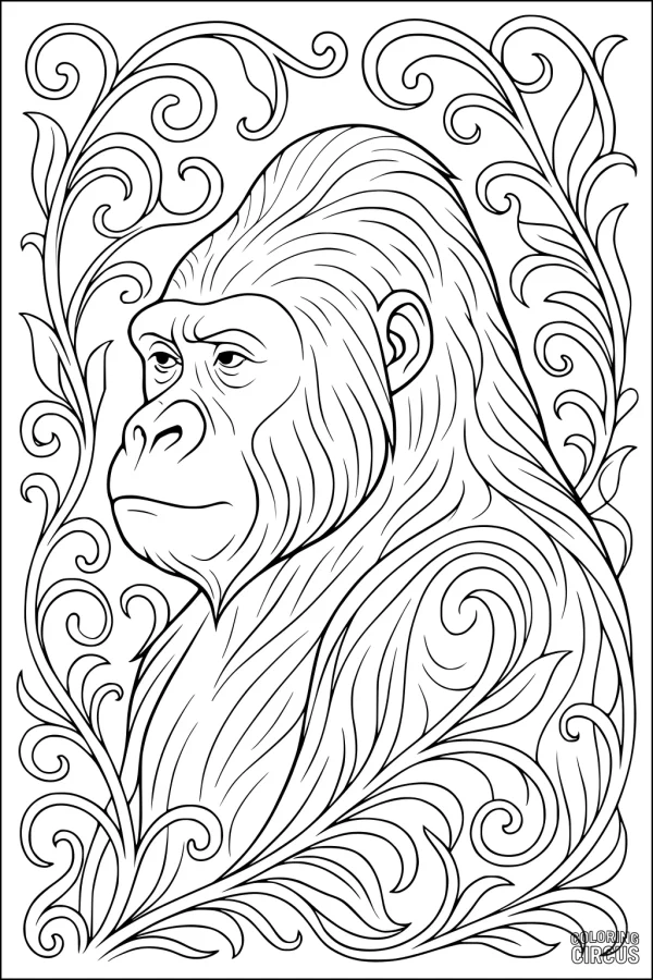 Coloring page featuring a detailed gorilla surrounded by swirling leafy jungle vines, suitable for advanced coloring.