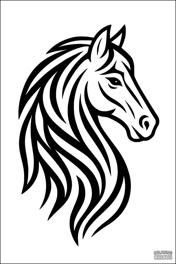 Coloring page of a stylized horse head with flowing mane, suitable for children