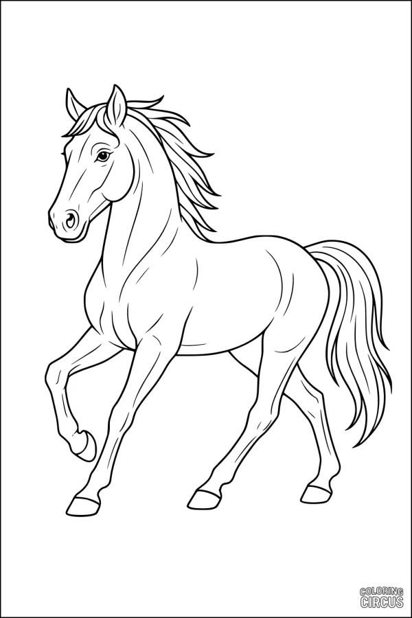 Coloring page of a graceful horse trotting with flowing mane and tail