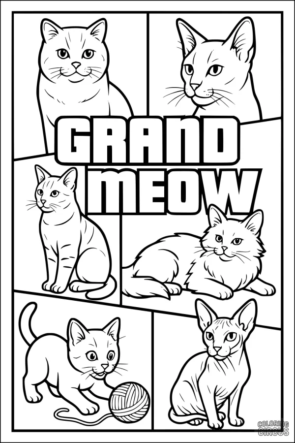 Coloring page featuring six different cats in comic-style frames with the words 'Grand Meow' in bold letters.