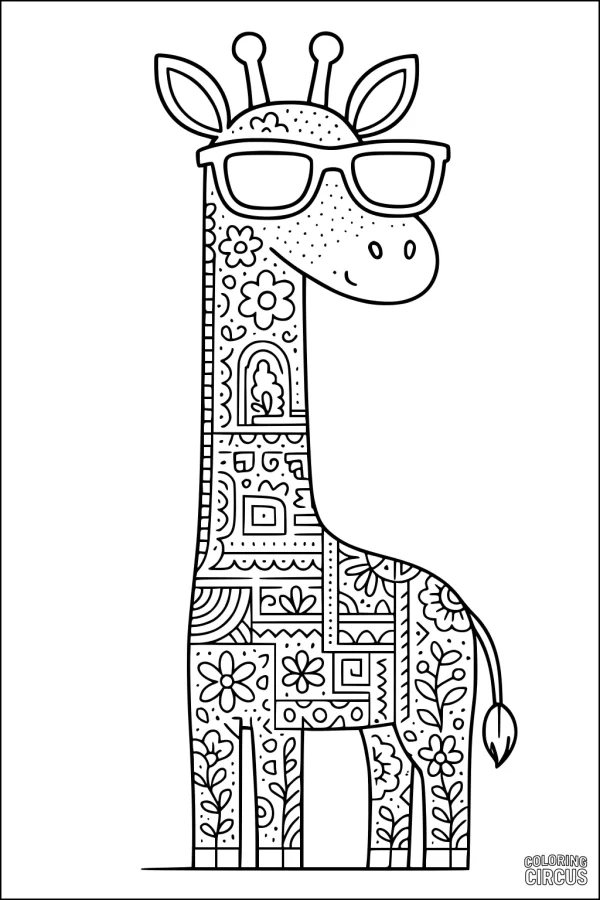 Coloring page with a patterned giraffe wearing sunglasses, featuring floral and geometric designs for children.