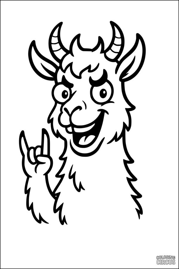 Coloring page featuring a cartoon llama with a playful expression making a hand gesture