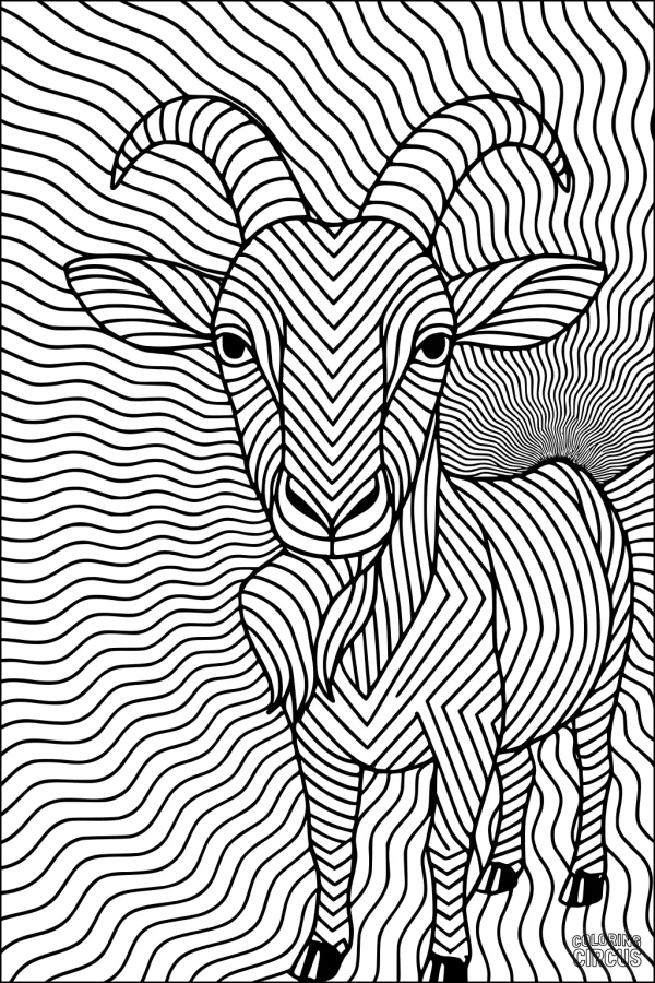 Coloring page features an abstract goat with bold wavy lines and patterned background for kids and adults