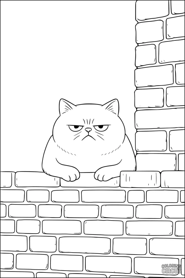 Coloring page of a grumpy domestic cat sitting on a brick wall
