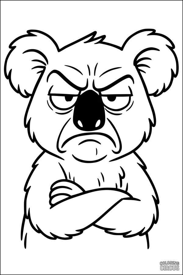 Coloring page of a cartoon koala with a grumpy expression and crossed arms