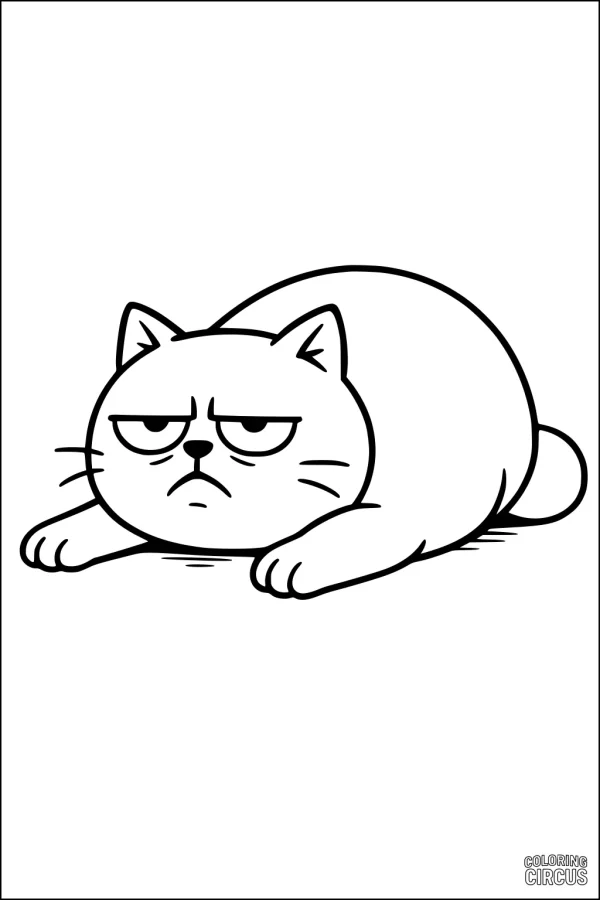 Coloring page of a cartoon grumpy cat lying down with a serious expression